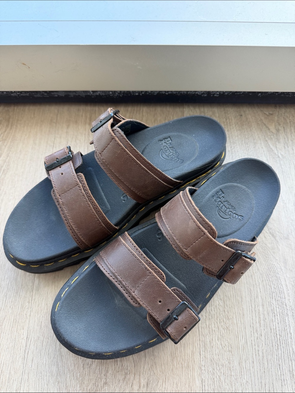 Dr. Martens Platform Brown Leather Two-Strap Buckle Slide Sandals